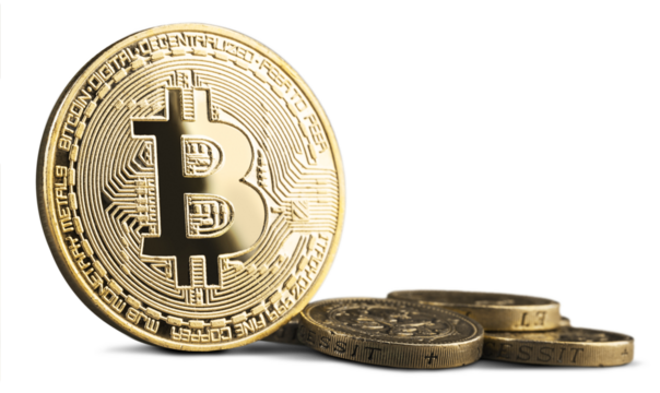 Golden bitcoin and a pile of coins, money concept