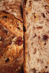 Walnut cranberry raisin dried fruit sourdough bread. Sourdough bread close up texture.