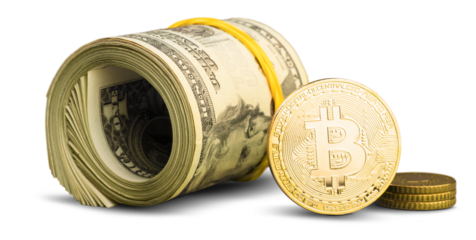Golden bitcoin and folded in a tube 100 dollar
