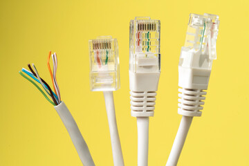 Network connection, internet connection and computer technology concept, close-up of ethernet cable...