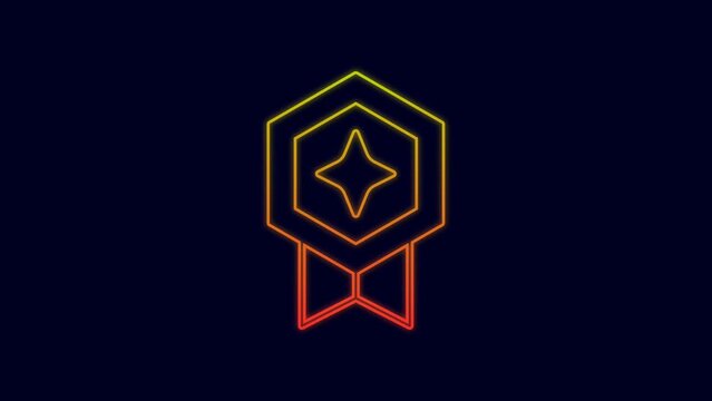 Glowing neon line Game rating with medal icon isolated on blue background. Level results for game. 4K Video motion graphic animation