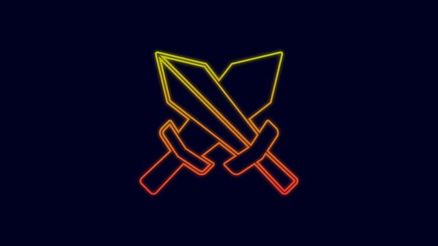 Glowing neon line Sword for game icon isolated on blue background. 4K Video motion graphic animation