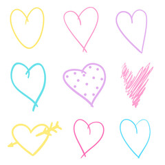 Multicolored sketchy hearts on isolated white background. Hand drawn set of love signs. Line art creation. Colored illustration. Elements for poster or flyer