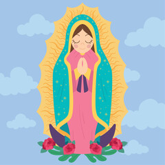 Isolated cute virgin mary character with flora ornaments Vector illustration