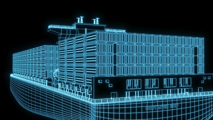 3D rendering illustration cargo ship blueprint glowing neon hologram futuristic show technology security for premium product business finance transportation 