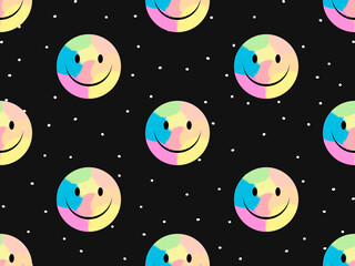 Smile cartoon character seamless pattern on black background