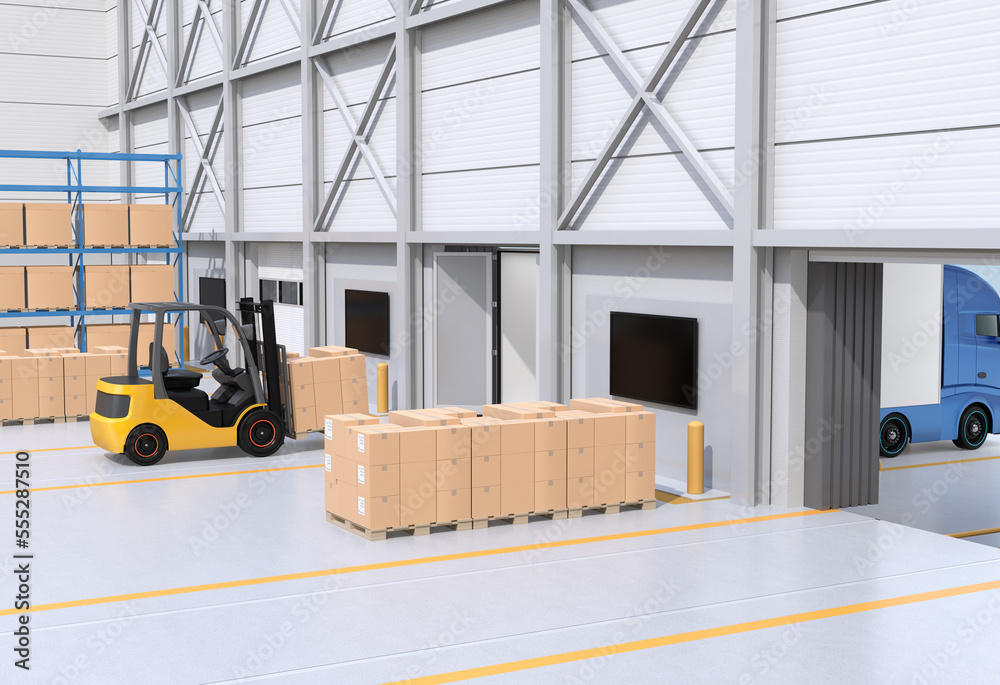 Wall mural electric forklift loading goods to truck. interior view in modern distribution center. 3d rendering 