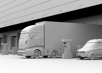 Clay rendering of Electric Truck charging at logistics center. 3D rendering image.	