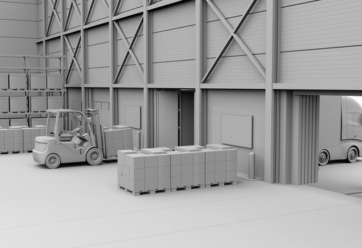 Clay rendering of electric forklift loading goods to truck. Modern distribution center. 3D rendering image.