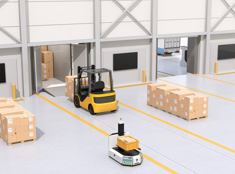 Electric forklift loading goods to truck. AGV robot and cardboard boxes in modern distribution center. 3D rendering image.