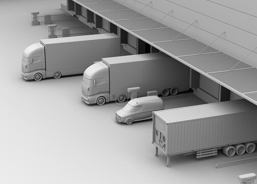 Clay rendering of Electric Trucks charging at logistics center. 3D rendering image.	