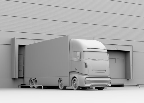 Clay rendering of Electric Truck parkling at logistics center. 3D rendering image.