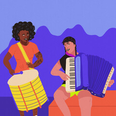 playing drums accordion with crowd in the background