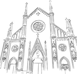 Black and white sketch of gothic cathedral in italy. View from below