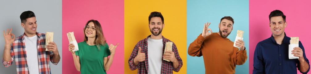 Collage with photos of happy people with tasty shawarmas on different color backgrounds. Banner...