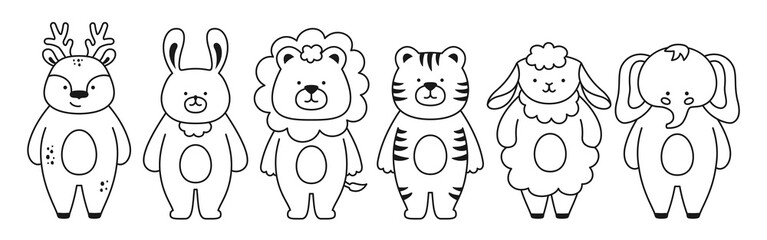 Cute wild animals outline cartoon baby set. Childish safari character lion, tiger elephant, deer, sheep and rabbit. Funny doodle kid wildlife collection. Illustration kid template card, poster cover