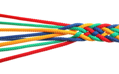 Braided colorful ropes on white background. Unity concept - obrazy, fototapety, plakaty