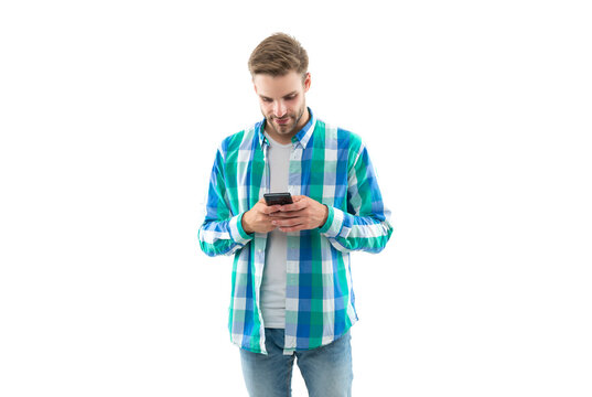 photo of man texting on cell phone. man texting on phone isolated on white background.
