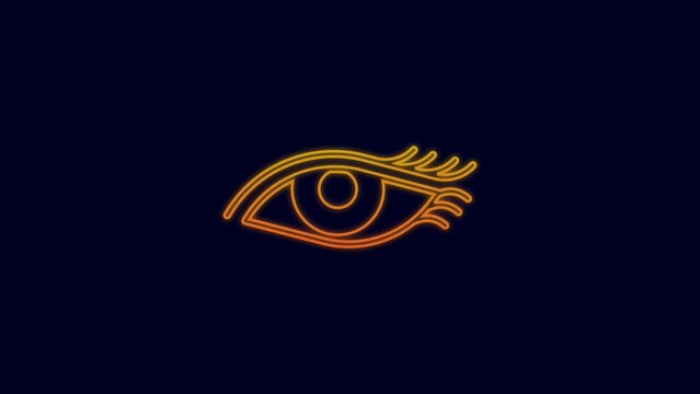 Glowing neon line Beautiful woman eye icon isolated on blue background. 4K Video motion graphic animation