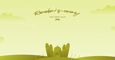 Background Month of Ramadan is coming soon. Islamic greeting card template with mosque. Posters, media banners. Islamic theme background.