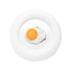 Plate with delicious fried egg isolated on white, top view