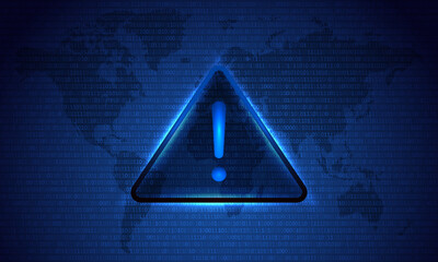 Attention Danger Hacking. Symbol on Map Dark Blue Background. Security protection, Malware, Hack Attack, Data Breach Concept. System hacked error, Attacker alert sign computer virus. Ransomware.Vector