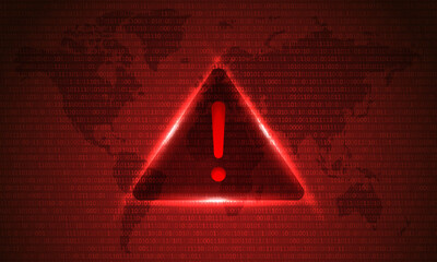 Attention Danger Hacking. Symbol on Map Dark Red Background. Security protection, Malware, Hack Attack, Data Breach Concept. System hacked error, Attacker alert sign computer virus. Ransomware. Vector
