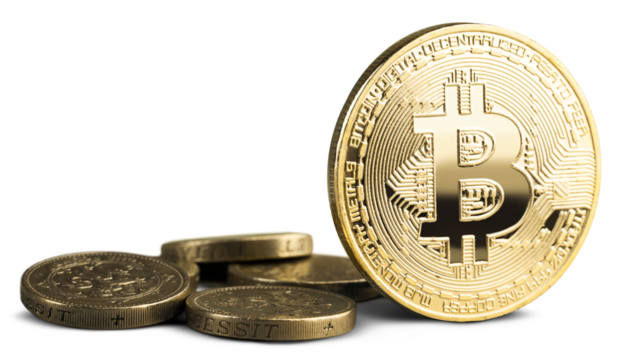 Golden bitcoin and a pile of coins, money concept