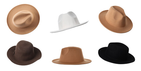 Set with different stylish hats on white background