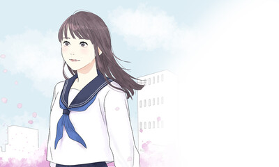 Illustration of a female student who looks up and smiles.