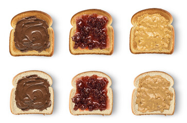 Set of slices toast bread with chocolate spread, peanut butter and jam