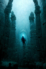 diving in an underwater temple