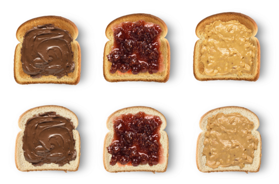 Set of slices toast bread with chocolate spread, peanut butter and jam - Powered by Adobe