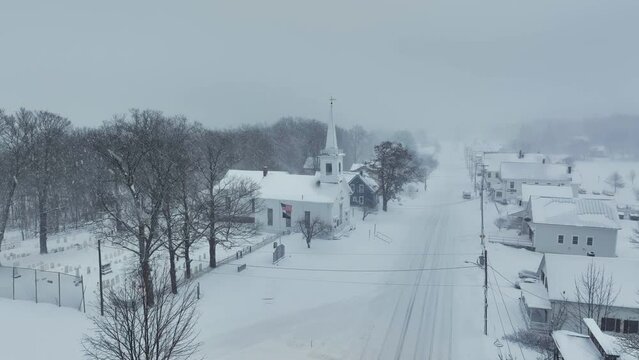 Monson Town covered in blanket of snow Aerial