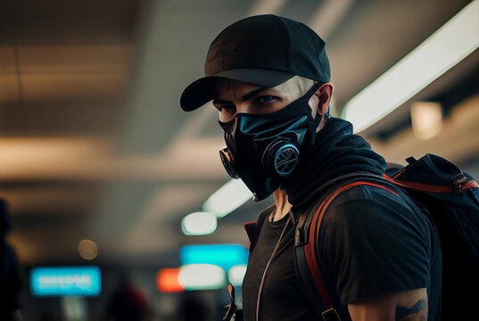 A Man Wearing Face Mask Standing In The Airport Image Created With Generative AI Technology.