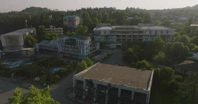 Flying On Historical Landmark Of The Soviet Sanatorium In Tskaltubo Spa Resort In West-central Georgia. Aerial Shot