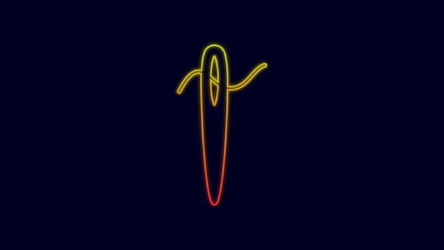 Glowing neon line Needle for sewing with thread icon isolated on blue background. Tailor symbol. Textile sew up craft sign. Embroidery tool. 4K Video motion graphic animation