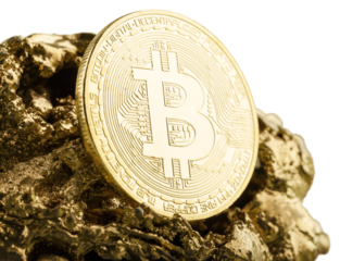 Golden bitcoin and a pile of gold stones, money concept