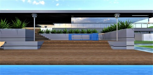 Decking area near the pool of the contemporary elite family house. Wooden steps up to covered terrace. 3d rendering.