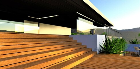 The sun rays are playing on the wooden steps of the fenced terrace of the contemporary suburban house constructed in the mountains. 3d rendering.