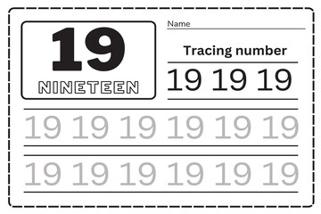 Number nineteen tracing practice worksheet for kids learning to count and to write. Worksheet for learning numbers. Number 19. Training writes and counts numbers. Coloring exercises