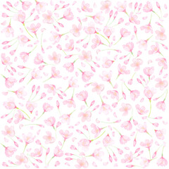 水彩で描いた桜の花のシームレスパターンイラスト。春らしいピンク色の背景素材。