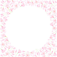 Fototapeta na wymiar 水彩の桜の花が舞うフレーム。春らしいピンク色の背景素材。