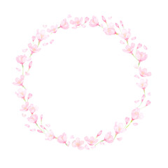 Obraz na płótnie Canvas 水彩の桜の花が舞うリース。春らしいピンク色のフレーム。