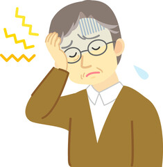 イラスト素材:体調不良シリーズ　年配の男性が頭痛で額に手を当て不調を訴える姿
（透過背景）