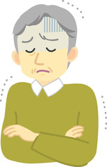 イラスト素材：シニア男性が新型コロナウイルスワクチン接種等の注射後にあらわれ副反応の症状　悪寒や震え（透過背景）
