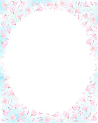 青空に水彩の桜の花が舞うフレーム。春らしいピンク色の背景素材。