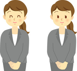 イラスト素材：スーツの女性が笑顔で受付で対応する様子　上半身　セット（透過背景）
