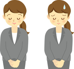 イラスト素材：スーツの女性が頭を下げる様子　お辞儀　謝罪　上半身　セット（透過背景）
