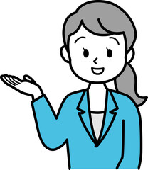 イラスト素材：スーツの女性が商品や人や物事の説明をする様子　上半身　単色　線画（透過背景）
